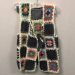 Hand made crochet vest with denim detail.